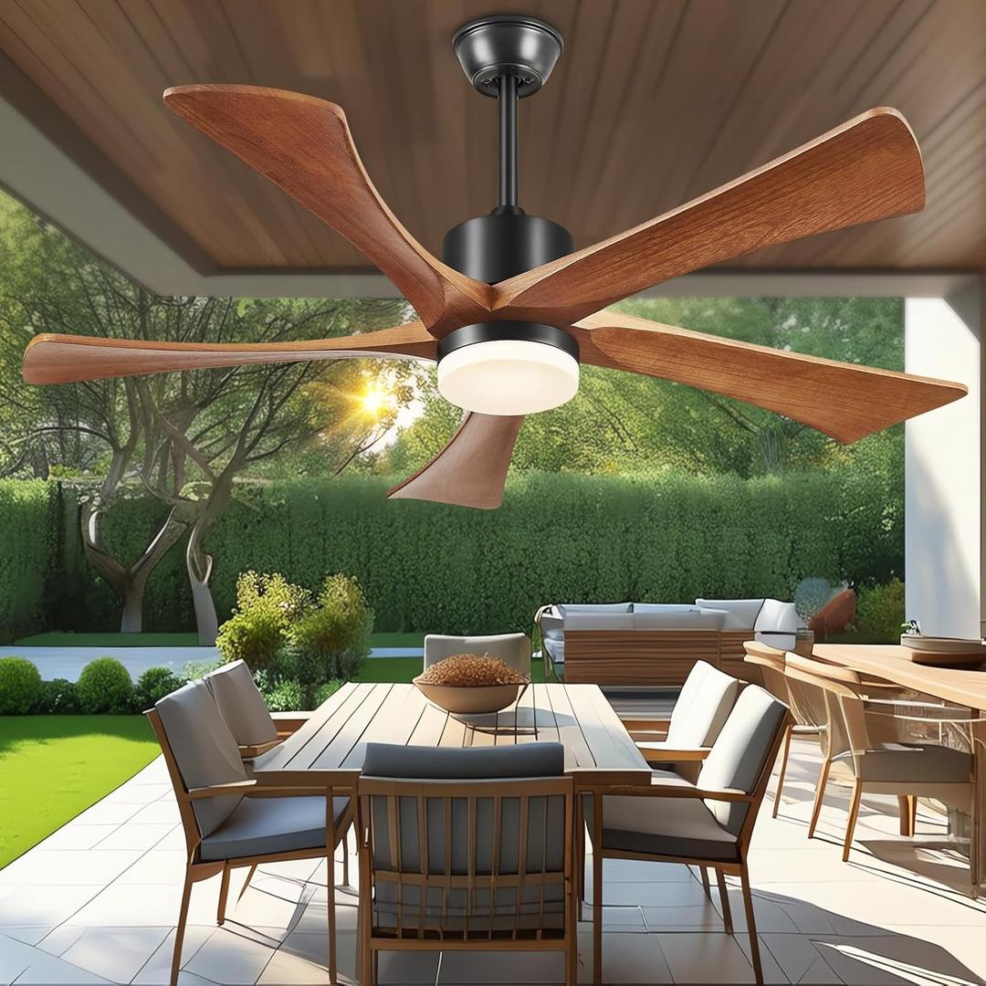 Ceiling Fans with Lights and Remote, 52 Inch Outdoor Fans for Patios, USA Original Patent, ETL Listed, 3 Downrods, 5 Blades, 6 Speeds Reversible Noiseless DC Motor Wood Fans for Farmhouse, 52", Walnut
