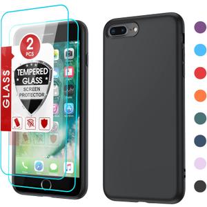 LeYi for iPhone 8 Plus Case: iPhone 7 Plus Case with 2 Pack Tempered Glass Screen Protectors, Shockproof Full-Body Liquid Silicone with Soft Anti-Scratch Microfiber Liner Black