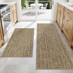 COSY HOMEER Kitchen Rugs Non Slip Washable 24"x36"+24"x60",Absorbent Soft Kitchen Mats for Floor,Polyester Kitchen Runner Rug Sets of 2,Kitchen Floor Mats for Sink Mat,Hallway,Laundry,Taupe