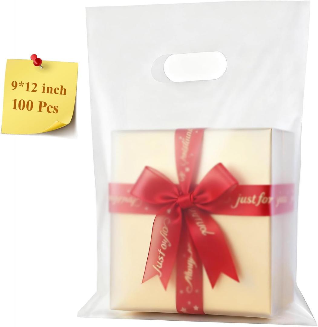 100 Pcs Plastic Bags With Handles 9"x12", Clear Gift Bags Shopping Merchandise bags for Small Business Retail Stores Gifts