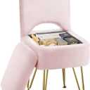 Small Vanity Stool Chair with Storage and Folding Back, 13.4" x 15" x 30" Square Faux Fur Soft Ottoman, 4 Metal Legs with Anti-Slip Feet, Furry Padded Seat for Makeup, Bedroom, Pink