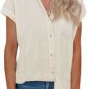 siliteelon Linen Shirts for Women Button Down Shirts Short Sleeve Cotton Collared V Neck Solid Casual Blouses with Pocket (Beige, L)