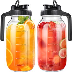 64oz Glass Pitcher with Lid, 2 Quart Mason Jar Pitchers with Lid and Spout, Wide Mouth Breast Milk Pitcher Glass Jug Sun Tea Pitchers, Cold Brew Coffee pitcher, Fridge Container for Water, Juice, Tea