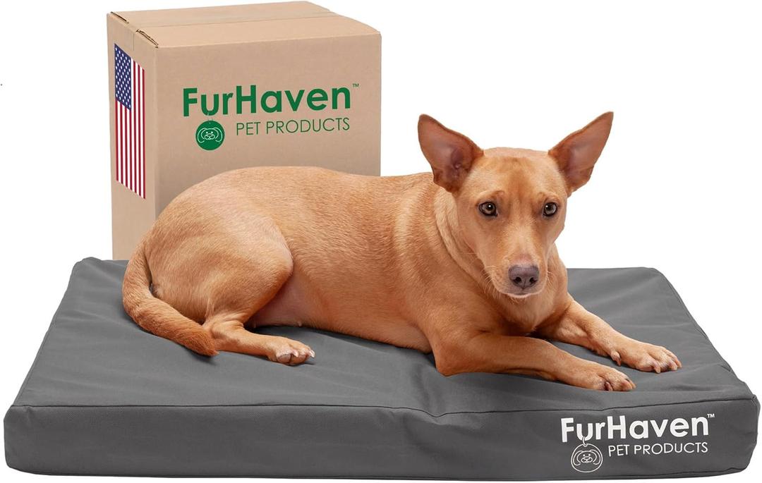 Furhaven Water-Resistant Orthopedic Dog Bed for Medium/Small Dogs w/ Removable Washable Cover, For Dogs Up to 35 lbs - Indoor/Outdoor Logo Print Oxford Polycanvas Mattress - Stone Gray, Medium