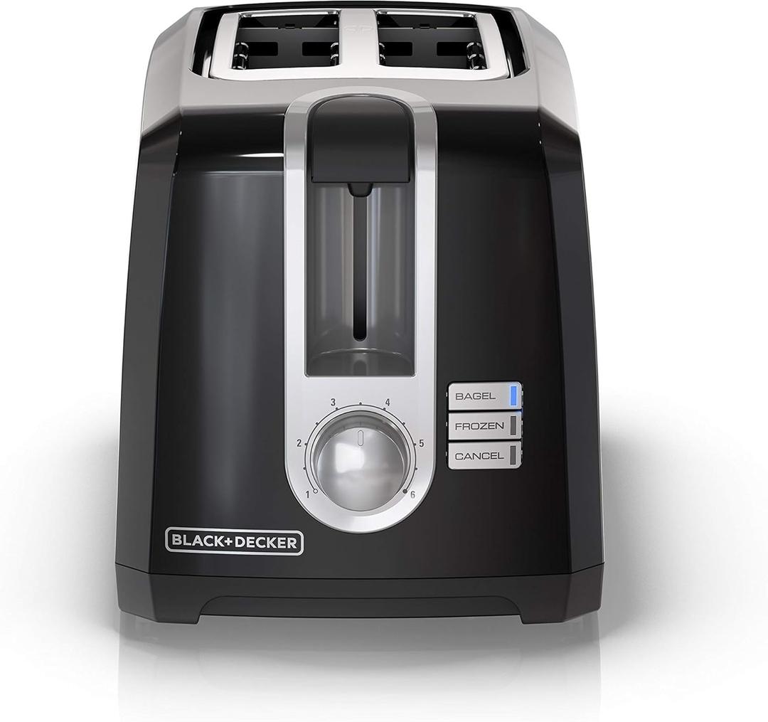 BLACK+DECKER 2-Slice Toaster, Extra Wide Slots for Bagels & Thick Bread, 6 Browning Settings, Removable Crumb Tray, Cancel Button, 850W, Black