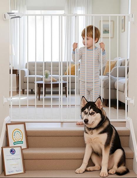 Babelio Baby Gate for Stairs & Doorways, 26-43" W 34" H Extra Tall| No Bottom Bar| Easy Installation| One-handed Operation| Auto-close| Hardware Mount (Drill Needed) Safety Dog/Pet Gate Indoor (White)