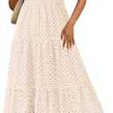 PRETTYGARDEN Womens 2025 Summer Maxi Dress Short Sleeve V Neck Hollow Out Eyelet A Line Long Flowy Beach Vacation Dresses (Beige, Size L)