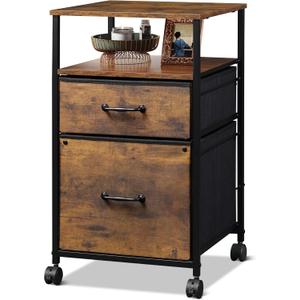 DEVAISE 2 Drawer Mobile File Cabinet, Rolling Printer Stand with Open Storage Shelf, Fabric Vertical Filing Cabinet fits A4 or Letter Size for Home Office, Rustic Brown Wood Grain Print