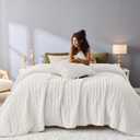 Wonderful Corduroy Stitch Ivory Quilt Set King, Striped Channel Stitch Flannel Lightweight Comforter, Pet-Friendly Classic Style Velvet Bedspread Coverlet Bedding Set for All Season, 106"x94"