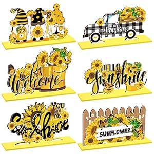 Hoolerry 6 Pcs Sunflower Wooden Table Decoration Summer Wood Centerpieces for Tables Sunflower Gnomes Tabletop Decor Hello Sunshine Welcome Centerpieces Sign for Summer Home Kitchen Decor