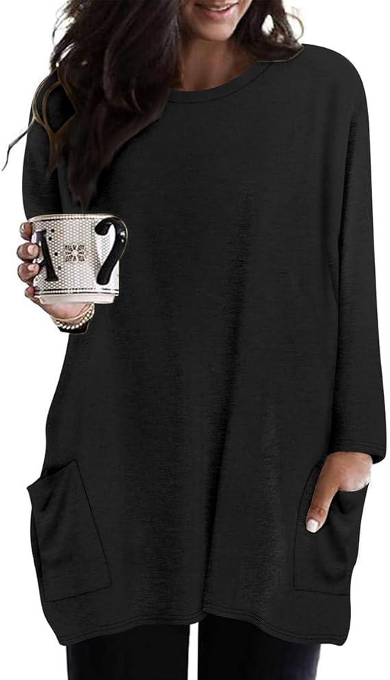 RITERA Plus Size Top for Women Long Sleeve Tunic Tops Winter Shirts Fall Casual T-shirts with Pockets Crewneck (Black,XL)