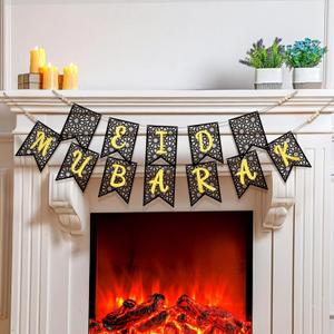 Menkxi 2 Pcs Eid Mubarak Banner Decorations Wooden Ramadan Eid Decoration for Home Rustic Ramadan Mubarak Garland Hanging Supplies for Mantel Fireplace Muslim Home Indoor Outdoor Party(Black, Gold)