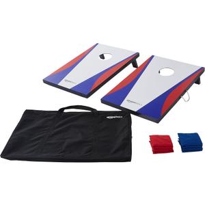 Amazon Basics Portable Cornhole Set, Outdoor Game Bean Bag Toss with Carrying Case, Blue/Red