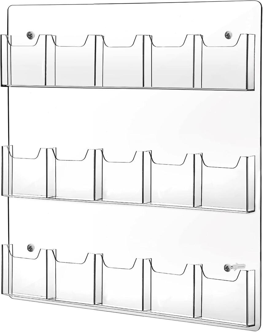 15 Pockets Clear Acrylic Brochure Pamphlet Holder Brochure Display Stand Business Tri Fold Brochure Multi Slot Holder Rack Wall Mount Pocket for Literature Menu, 22 x 21 inches, each pocket dimension is 4 x 1 inch
