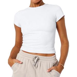 Women's Basic Summer Short Sleeve Crewneck T-Shirts Y2K Cute Going Out Tops Baby Tee (White, M)