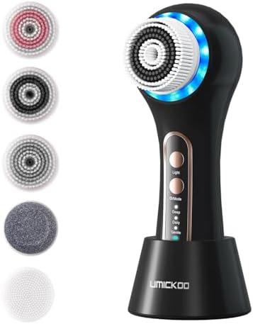 UMICKOO Face Scrubber Exfoliator,Facial Cleansing Brush Rechargeable IPX7 Waterproof with 5 Brush Heads,Electric Face Spin Brush for Exfoliating, Massaging and Deep Cleansing