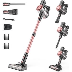 Cordless Vacuum Cleaner, Powerful Lightweight Stick Vacuum with Self-Standing, Anti-Tangle, 8-in-1 Rechargeable Vacuum Cleaners for Home, Hardwood Floors, Carpet, Pet Hair (Pink)