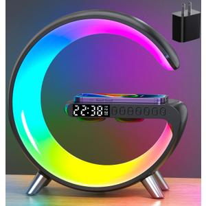 Smart Table Lamp, 15W Wireless Charger Station with LED Atmosphere Lamp, Bedside Night Light, Alarm Clock, Bluetooth Speaker with App Control for Home Decor, Gift for Girls Boys for Birthday Christmas (Black)