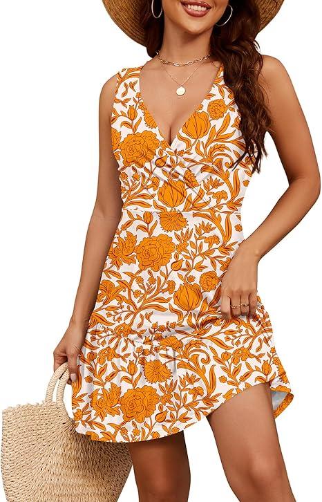Naggoo Women's Floral Casual Dresses Sleeveless Orange Sundresses for Women Short Spring Dress for Wedding Guest Orange White M