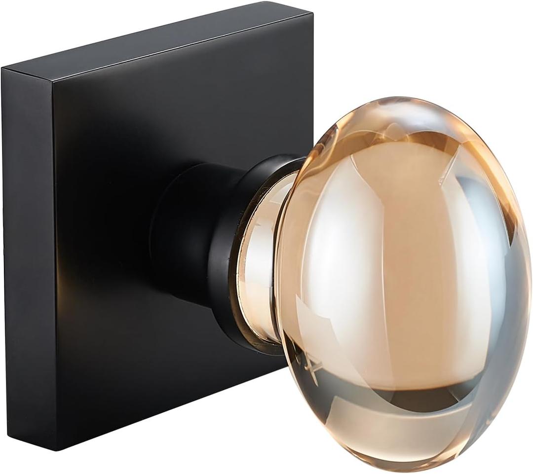 Champagne-Gold Glass Door Knobs - 2 Pack Non-Turning Single Side Dummy Crystal Door Handles, Square Rosette Matte Black Finished(Dummy)