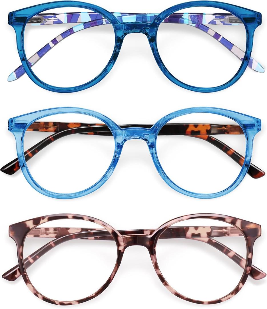 IBOANN Chic & Comfy Blue Light Glasses for Women - 3-Pack Round Frames, Screen-Ready Style with UV Protection Coating Blue Leopard & Blue Leopard Mix & Leopard, Clear