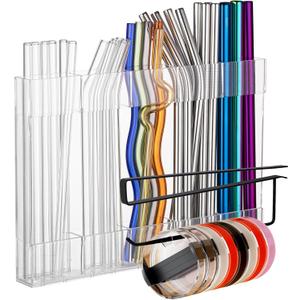 Kitchen Cabinet Straw Holder: Acrylic Organizer and Hanging Lid Rack with Adhesive for Door Cup Tumbler Accessories Storage Set