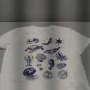 Girl's Graphic Print Tee Shirt Round Neck Short Sleeve T Shirts Summer Cute Trendy Tops (White and Blue)