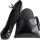 Foldable Ballet Flats - Women's Portable Ballerina Roll up Shoes (8.5-9.5, Black)