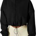 QINSEN Women's Full Zip Fleece Short Jacket Warm Winter Long Sleeve Stand Collar Sherpa Crop Coat (Large, Black)