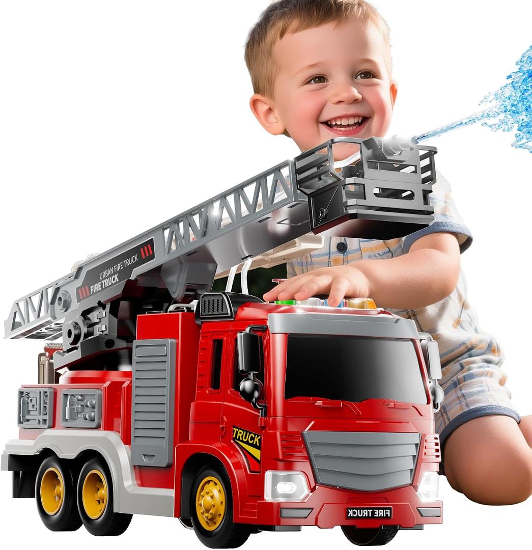 JUKUDAHU Fire Truck Toy for Kids 3 4 5 6 7 8 Years Old - Fire Trucks Playset with Rotating Ladder, Sound and Light, Vehicle Toys for Boys 5-8, City Cars Toyset, Birthday Gifts for Girls Toddlers 3+