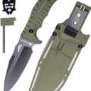 WT10 Fulltang Fixed Blade Survival Knife with Kydex Sheath, Stonewashed Blade Hunting Knife with Fiberglass Handle for Outdoor, Camping, Best Gift for Men (Green)