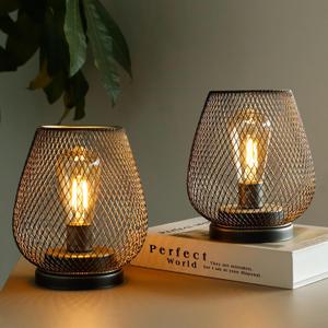 TRIROCKS Set of 2 Medium Battery Powered Outdoor Lantern 6.5'' High Metal Table Lamp Cordless Battery Operated Lamps with LED Edison Bulb for Home Wedding Parties Patio Events Indoors Outdoors(Brown)