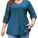 Beauhuty Plus Size Tops for Womens V Neck Tunic Pleated Front Trendy Shirts Casual Flowy Dressy Blouses Long Roll up Sleeves(02 Blue, 3XL)