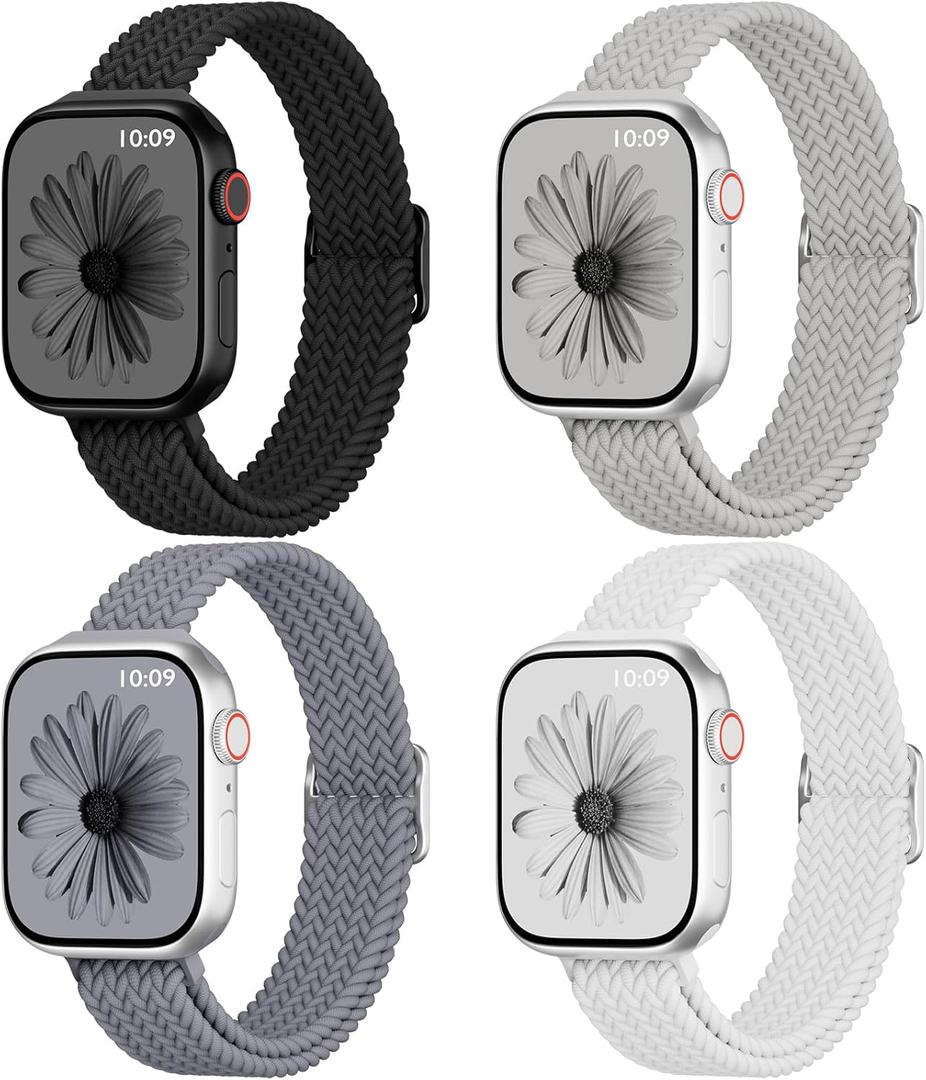 4 Pack Slim Braided Stretchy Compatible with Apple Watch Band 38mm 42mm 40mm 44mm 41mm 45mm 46mm 49mm Women Men, Solo Loop Nylon Thin Strap for iWatch Series 11 10 9 8 7 SE 6 5 4 3 Ultra (Black/Grey/Blue Grey/White)