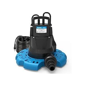 1/4 HP Automatic Swimming Pool Cover Pump, 2250 GPH Submersible Sump Pump with 3/4” Check Valve Adapter & 25ft Power Cord, Water Removal for Pool, Hot Tubs, Rooftops, Water Beds and more
