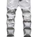 Men's Mid Wiast Light Grey Skinny Fit Ripped Destroyed Distressed Casual Fashion Washed Jeans,870,32