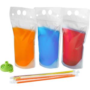 C CRYSTAL LEMON 100PCS Reclosable Alcohol Pouches with Straws & Funnel, Leakproof Drink Bags for Juice, Smoothies, Cocktails, Slushies
