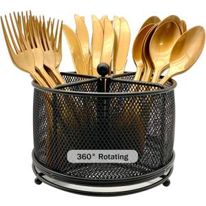 360 Rotating Metal Utensil Caddy - 4 Compartment Silverware Cutlery Holder Rotation Fork Spoon Napkin Organizer Flatware Storage Basket Party Countertop Buffet Picnic Camping Outdoor Black