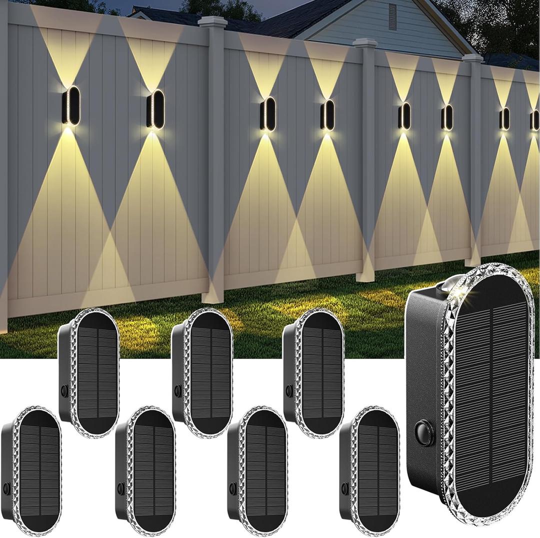 Solar Fence Lights Outdoor - 3000/4000/6000K 3 Modes, IP65 Waterproof Fence Lights Solar Powered, Up & Down Lighting Solar Wall Lights Outdoor for Backyard/Garden/Patio/Garage and Wall Decor (8 Pack)