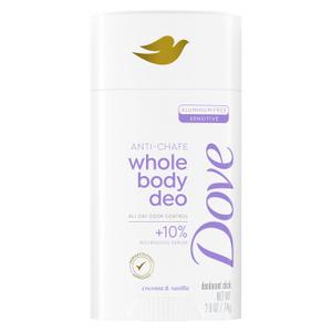 Dove Whole Body Deo Aluminum Free Anti-Chafe Deodorant Stick Coconut & Vanilla for 72h Odor Control 2.6 Oz Dove Whole Body Deo Aluminum Free Anti-Chafe Deodorant Stick Coconut & Vanilla for 72h Odor Control 2.6 Oz