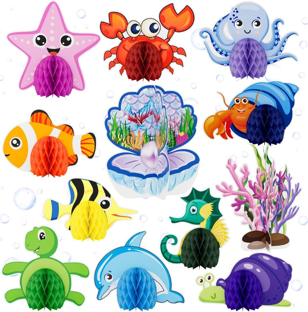 12 Pcs Under The Sea Party Decorations, Sea Animals Honeycomb Centerpieces Ocean Fish Centerpieces for Table Beach Table Decorations for Baby Shower Sea Creatures Theme Birthday Party Supplies