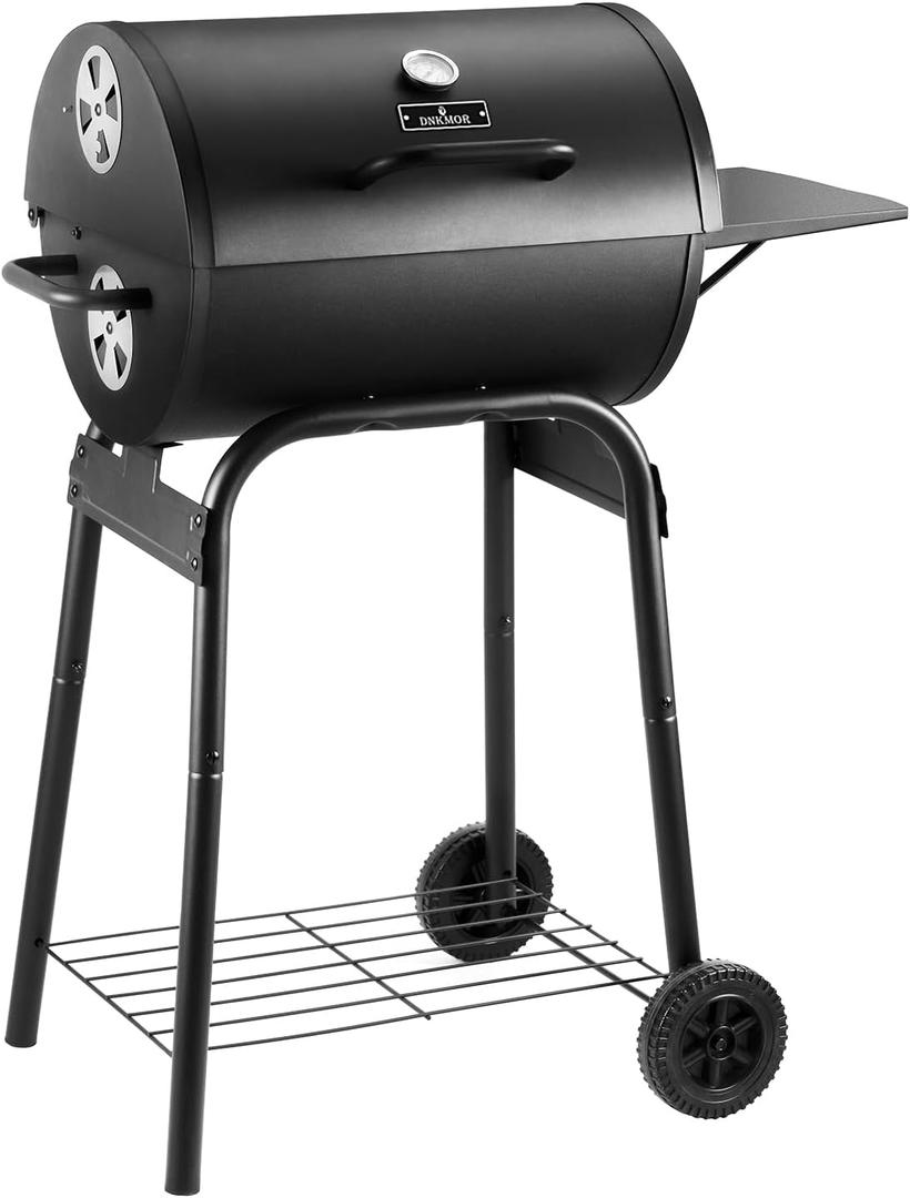 Charcoal Grill Outdoor BBQ Grill, Barrel Charcoal Grills with Side Table, with Nearly 500 Sq.In. Cooking Grid Area, Outdoor Backyard Camping Picnics, Patio and Parties, Black (Regular size)