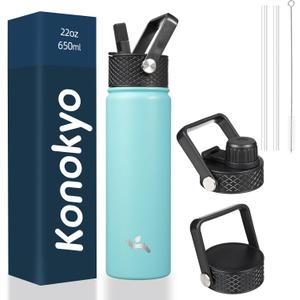 22oz Stainless Steel Bottles with 3 Lids Sport Insulated Water Bottle,Turquoise