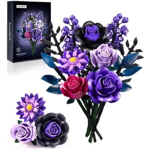 iATOM Flower Bouquet Building Set, Purple Roses Botanical Collection Kits for Adults Women, Gift for Valentine's Day for Her/Mom/Girlfriend/Wife/Couple, Gothic Romantic Home Room Office Table Decor