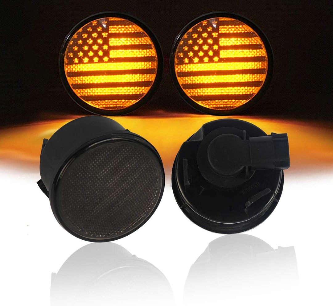 JK Turn Signal Front Lights Smoked Amber LED Indicator Blinker | for 2007-2018 Jeep Wrangler JK, US Flag, 4-in-1 functionality: Turn, Brake, Reverse & Running Lights, Plug-and-Play, No Drill