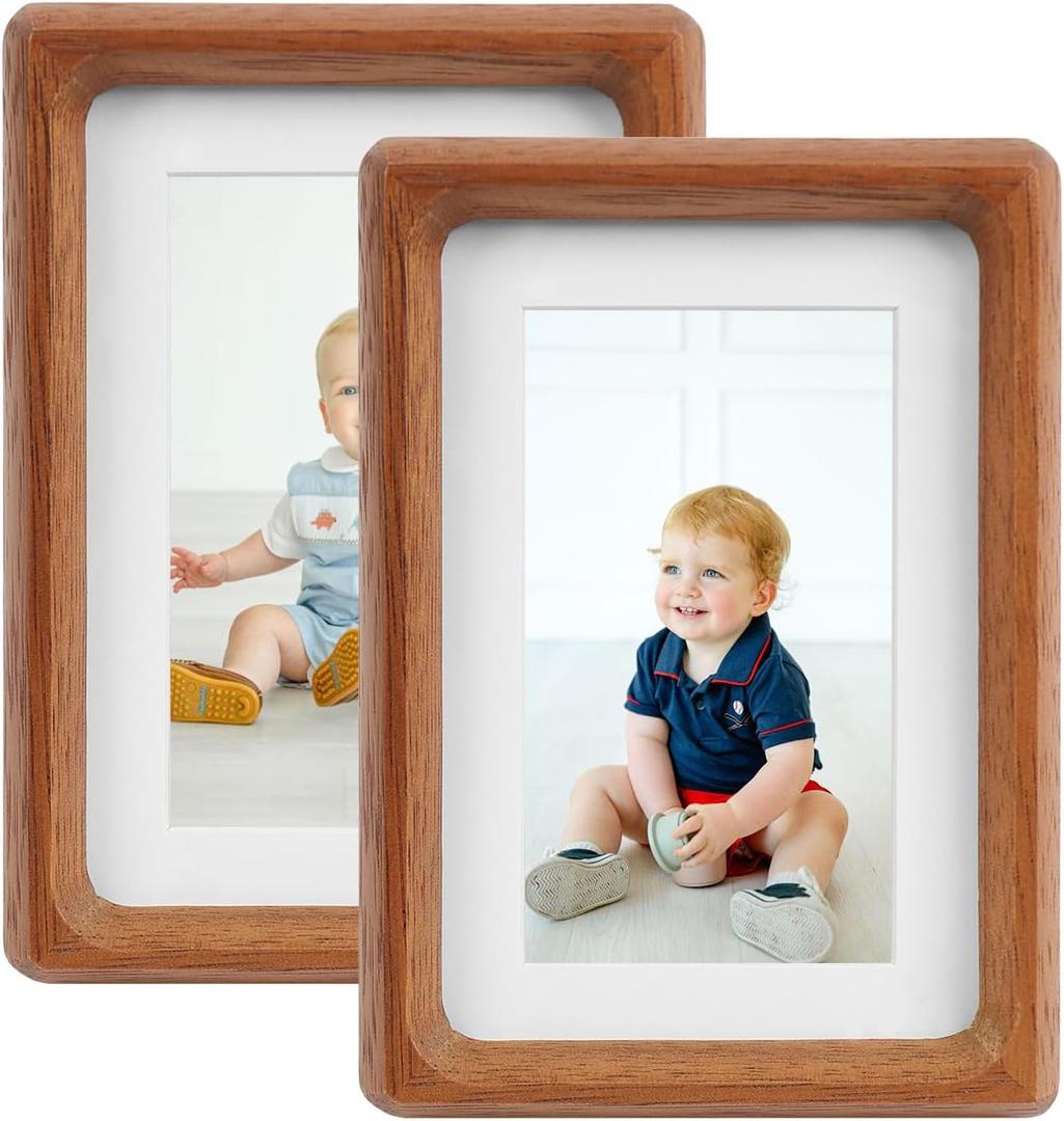 4x6 Picture Frame Set of 2 Natural Wood Photo Frames Display Pictures 3x5 with Mat or 4x6 without Mat Multi Photo Frames Collage for Wall or Tabletop Decor (Walnut)