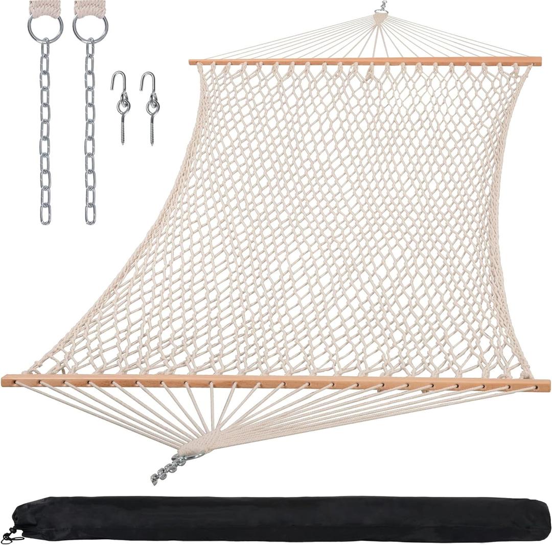 SUNCREAT Hammocks Traditional Rope Double Hammock with Hardwood Spreader Bar and Carrying Bag, 450 lbs Capacity, Natural (Beige)