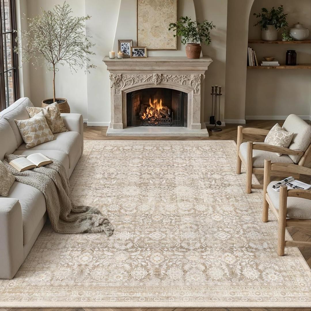 9x12 Beige Washable Modern Area Rug Living Room Non Slip Low Pile Floral Extra Large Rug Vintage Traditional Stain Resistant Carpet Bedroom Office Indoor Playroom