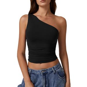 QINSEN Women's One Shoulder Tank Tops Double Lined Sleeveless Slim Fit Cropped Tee Shirt Y2k Tops (Medium, Black)