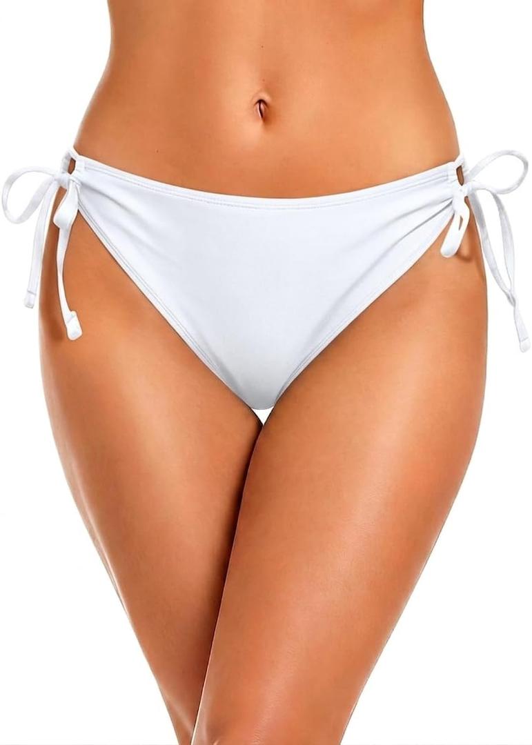 Zmart String Tie Side Bikini Bottoms - Women Full Coverage Swimsuit Bottom Mid Rise Mid Waist Swim Bathing Suit Bottom White M